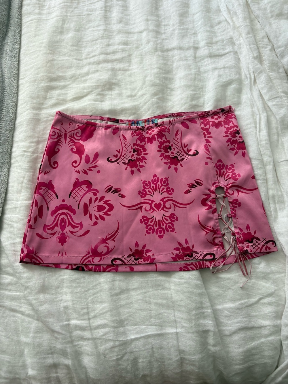 Pink Patterned Lace-Up Mini Skirt